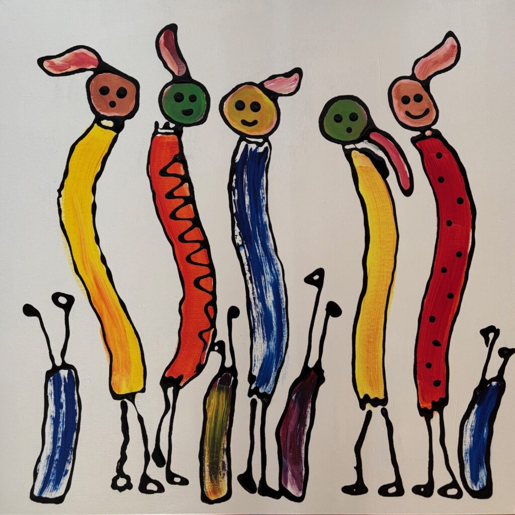 "Champion Team" presents a heartwarming portrait of camaraderie and triumph. Five women stand shoulder to shoulder, their figures reduced to their most essential forms: colourful dresses, slender legs and beaming smiles. Four golf bags suggest their shared passion, while one woman is embodying the vital role of the caddy. The absence of arms only enhances her openness and vulnerability, drawing the viewer in with an irresistible sense of innocence and joy. "Champion Team" celebrates the power of teamwork, the beauty of simplicity and the pure, unadulterated joy of achieving a common goal. Golf Art - Champion Team / Hole 8 - by Ricarda Simon. 2025