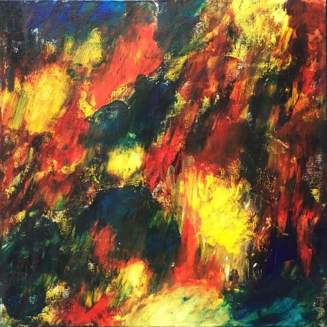 Given the title, Ricarda Simon is trying to convey the intense physical and emotional sensations associated with orgasm. The colours are chosen to represent different facets of that experience. In this context, Red represents the raw physical sensations, the heat, and the heightened state of arousal. It also symbolizes the release of inhibitions. Yellow is used here to convey the pleasurable aspects of the experience and the feeling of elation and exhilaration. Sienna represents the grounding, physical aspect of the experience. Blue doesn^t seem to fit in this context at first glance. However, it represents a sense of expansiveness or even a feeling of being transported, combined with the emotional connection and intimacy between partners. Abstract Art - Orgasm - by Ricarda Simon. 2023.