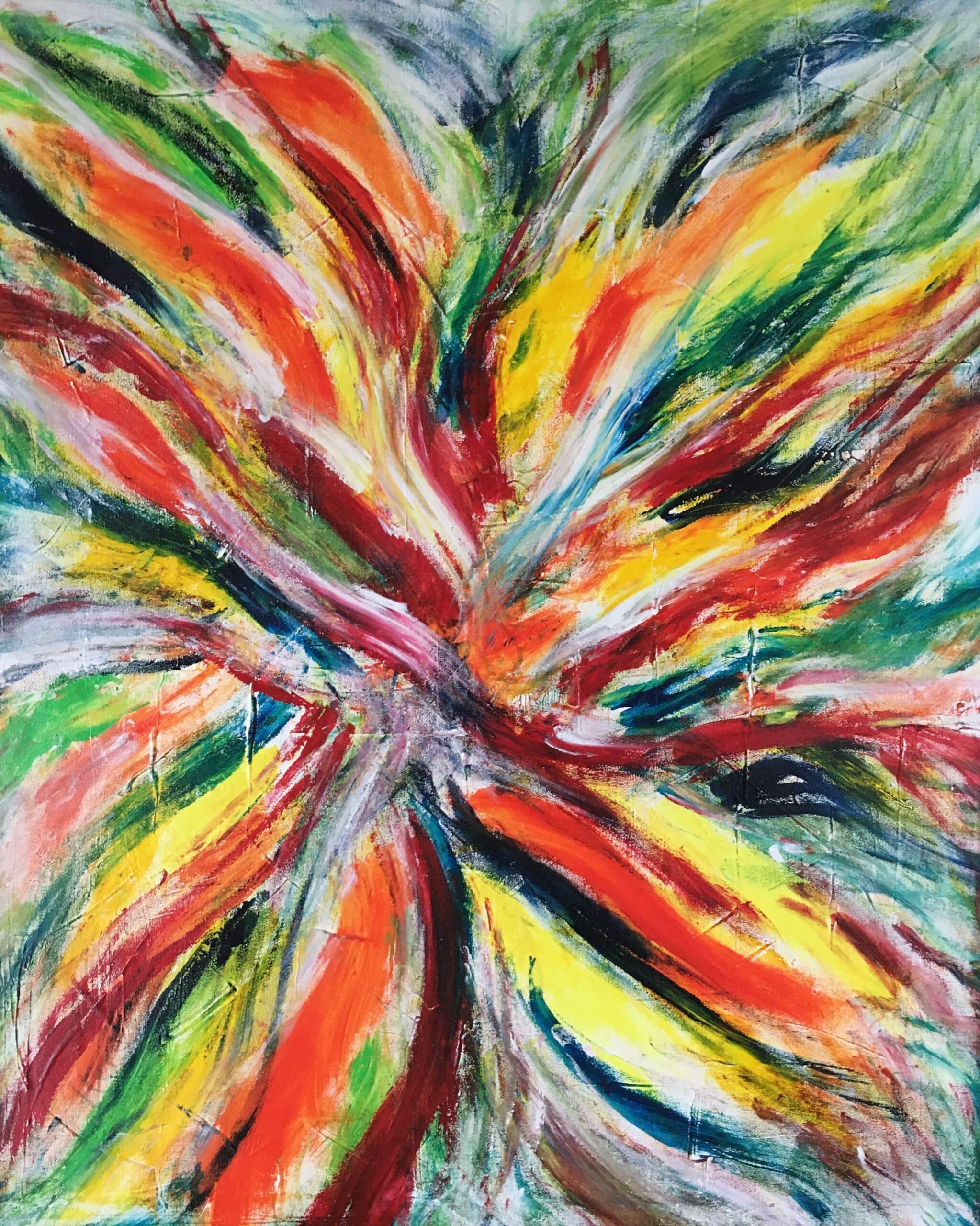 Euphoria is all about intense joy, excitement, and happiness. The colours and composition show how this intense feeling is represented. The orange and yellow represent energy, optimism and happiness, sunshine and warmth. The red stands for passion and excitement, royalty and luxury. Ultimately, the meaning of the artwork is up to you! What feelings does it evoke when you look at it? Does it remind you of a specific experience of euphoria? There's no right or wrong answer.
 
