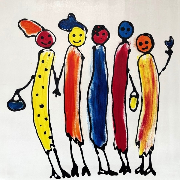 "Authentic Support" portrays five women standing together, exuding unity and strength. One woman, visibly affected by cancer with a bald head, represents vulnerability, yet her presence is not one of sorrow but of courage. The group’s close stance suggests solidarity and compassion, offering unspoken emotional support. The vibrant, childlike style, with its simplicity and optimism, contrasts with the gravity of illness, making the piece both heartwarming and powerful. The bright colours convey hope, showing how authentic, unconditional support can empower even in the most challenging circumstances, reminding us that strength lies in connection. "Authentic Support" portrays five women standing together, exuding unity and strength. One woman, visibly affected by cancer with a bald head, represents vulnerability, yet her presence is not one of sorrow but of courage. The group’s close stance suggests solidarity and compassion, offering unspoken emotional support. The vibrant, childlike style, with its simplicity and optimism, contrasts with the gravity of illness, making the piece both heartwarming and powerful. The bright colours convey hope, showing how authentic, unconditional support can empower even in the most challenging circumstances, reminding us that strength lies in connection.