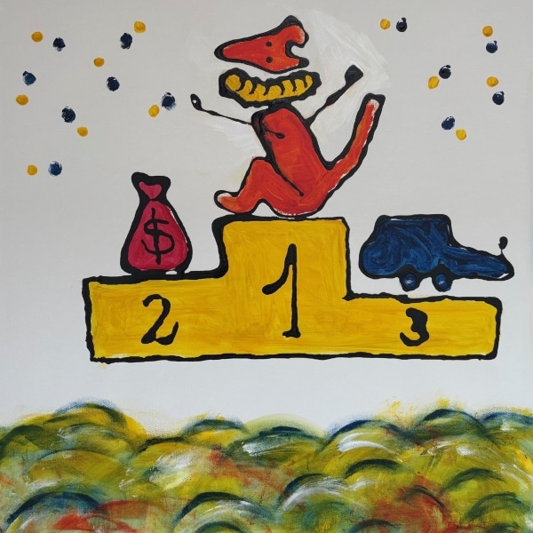 'Every Dog Has Its Day' is a playful painting in a naïve style that humorously depicts the results of a unique race. In the foreground, a proud dog wearing a golden wreath (or perhaps a golden sausage?) takes first place, its tail wagging in celebration. Meanwhile, a bag of money takes second place, symbolizing the charitable cause behind the event. A blue car comes in third, adding an element of surprise and whimsy to the competition. The anonymous crowd at the bottom claps with enthusiasm, yet their faces remain hidden, drawing attention to the dog’s victory. The use of vibrant colours such as red, yellow, blue and orange creates a bold and lively atmosphere, amplifying the joy of the moment. This artwork was created with the heartwarming intention of raising funds and awareness for Animal SOS Sri Lanka, where every dog indeed has its day to shine. 'Every Dog Has Its Day' is a playful painting in a naïve style that humorously depicts the results of a unique race. In the foreground, a proud dog wearing a golden wreath (or perhaps a golden sausage?) takes first place, its tail wagging in celebration. Meanwhile, a bag of money takes second place, symbolizing the charitable cause behind the event. A blue car comes in third, adding an element of surprise and whimsy to the competition. The anonymous crowd at the bottom claps with enthusiasm, yet their faces remain hidden, drawing attention to the dog’s victory. The use of vibrant colours such as red, yellow, blue and orange creates a bold and lively atmosphere, amplifying the joy of the moment. This artwork was created with the heartwarming intention of raising funds and awareness for Animal SOS Sri Lanka, where every dog indeed has its day to shine.
