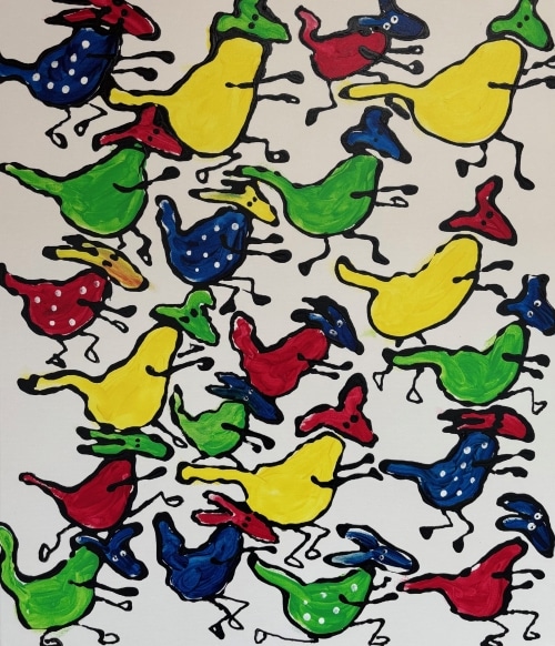 'The Racing Dogs' is a vibrant and whimsical piece of artwork that captures the joyful energy of dogs racing to support their fellow shelter companions. Painted in a naïve style, the artwork exudes a sense of playfulness and innocence, depicting the dogs sprinting energetically across the canvas. The colours are bold and vibrant, with shades of blue, yellow, red and green creating a lively atmosphere that enhances the sense of movement. Each dog is depicted with an exaggerated, joyful expression that emphasises the charitable spirit of the event. The simplicity of the style enables viewers to connect with the cause in a heartwarming and approachable way. Overall, the artwork radiates positivity and a sense of unity, highlighting the power of community in supporting a great cause. All proceeds from the sale of this artwork will benefit « Animal SOS Sri Lanka », helping to provide care, food, and shelter to dogs and other animals awaiting adoption. 'The Racing Dogs' is a vibrant and whimsical piece of artwork that captures the joyful energy of dogs racing to support their fellow shelter companions. Painted in a naïve style, the artwork exudes a sense of playfulness and innocence, depicting the dogs sprinting energetically across the canvas. The colours are bold and vibrant, with shades of blue, yellow, red and green creating a lively atmosphere that enhances the sense of movement. Each dog is depicted with an exaggerated, joyful expression that emphasises the charitable spirit of the event. The simplicity of the style enables viewers to connect with the cause in a heartwarming and approachable way. Overall, the artwork radiates positivity and a sense of unity, highlighting the power of community in supporting a great cause.
All proceeds from the sale of this artwork will benefit « Animal SOS Sri Lanka », helping to provide care, food, and shelter to dogs and other animals awaiting adoption.