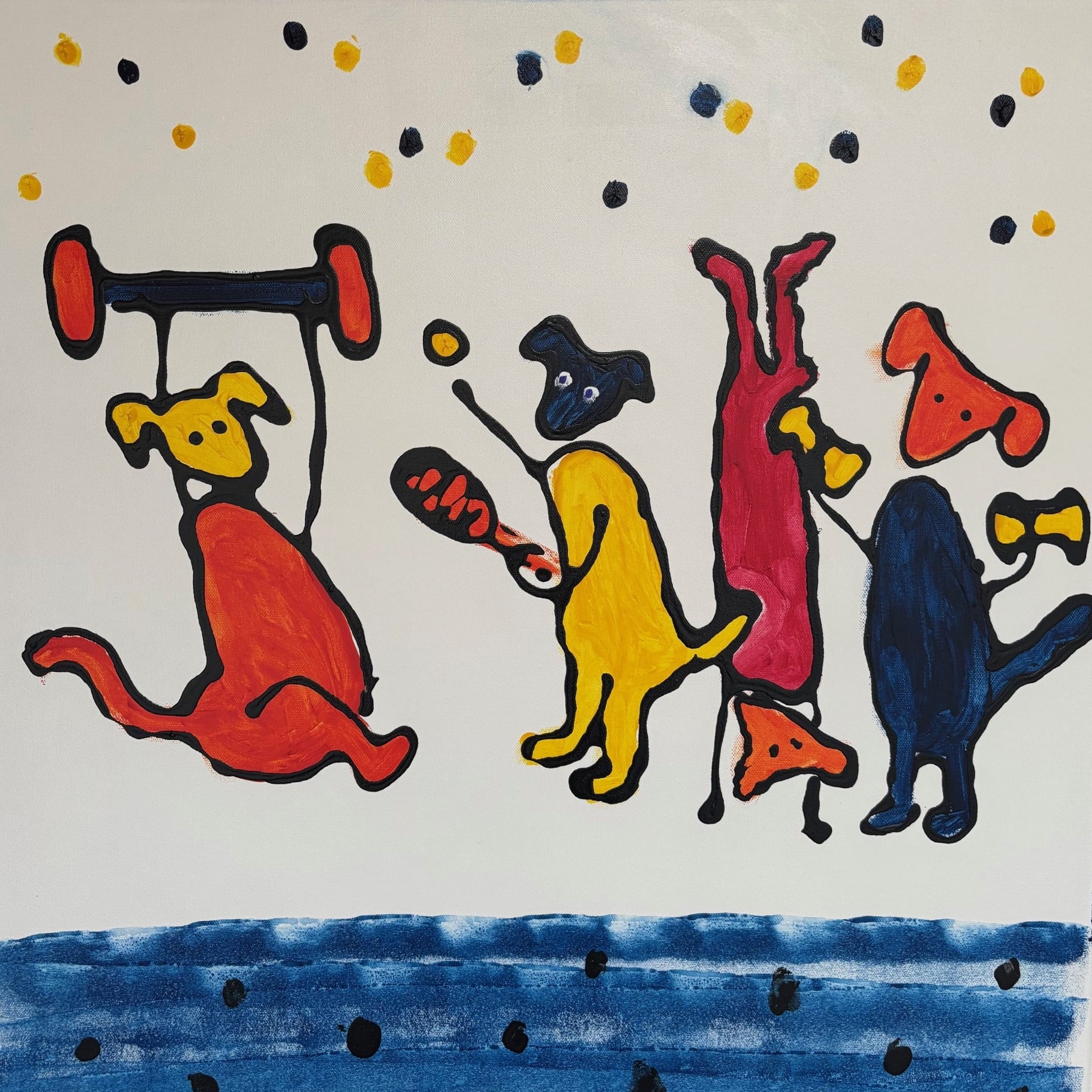 "The Fitness Dogs" is a playful and heartwarming painting featuring four energetic dogs, each engaged in a fun workout routine. Created in a naive style with bold, clear colours, the piece exudes charm and whimsy. The dogs, full of personality and determination, lift weights, stretch, and warm up in a show of canine fitness, all with the same purpose: to raise awareness and funds for their fellow furry friends in need at Animal SOS Sri Lanka. The vibrant, simplistic forms capture the dogs' joyful spirits and strong sense of camaraderie. Each dog is portrayed with a distinct characteristic, making them both relatable and endearing. With their athletic endeavours, these pups aim to inspire viewers to support the cause, highlighting the importance of community, charity, and giving back to those who can't help themselves. "The Fitness Dogs" is not just an artwork - it's a reminder that every little bit counts in making a difference in the lives of animals in need. All proceeds from the sale of this artwork will benefit the animal shelter "Animal SOS Sri Lanka", helping to provide care, food, and shelter to dogs and other animals awaiting adoption. "The Fitness Dogs" is a playful and heartwarming painting featuring four energetic dogs, each engaged in a fun workout routine. Created in a naive style with bold, clear colours, the piece exudes charm and whimsy. The dogs, full of personality and determination, lift weights, stretch, and warm up in a show of canine fitness, all with the same purpose: to raise awareness and funds for their fellow furry friends in need at Animal SOS Sri Lanka The vibrant, simplistic forms capture the dogs' joyful spirits and strong sense of camaraderie. Each dog is portrayed with a distinct characteristic, making them both relatable and endearing. With their athletic endeavours, these pups aim to inspire viewers to support the cause, highlighting the importance of community, charity, and giving back to those who can't help themselves. "The Fitness Dogs" is not just an artwork - it's a reminder that every little bit counts in making a difference in the lives of animals in need. All proceeds from the sale of this artwork will benefit the animal shelter "Animal SOS Sri Lanka", helping to provide care, food, and shelter to dogs and other animals awaiting adoption.